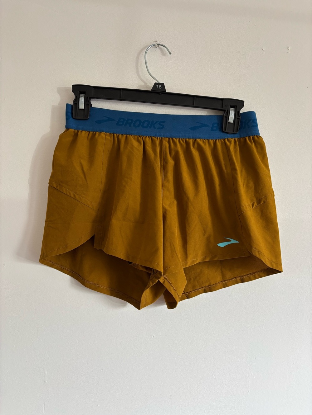 Brooks Golden Mustard Running Shorts with Blue Waistband